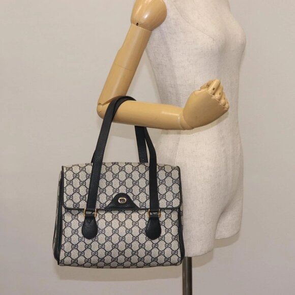 GUCCI GG Supreme Hand Bag PVC Leather Navy Auth